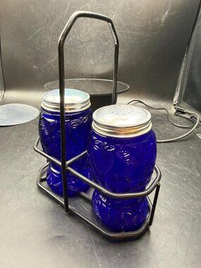 Cobalt Strawberries Salt n Pepper Shakers with Metal Holder